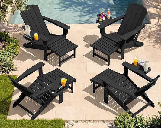SERWALL Folding Adjustable Adirondack Chairs with Footrest Set of 4, HDPE Outdoor Chair with 4-in-1 Cup Holders, All Weather Adirondack Chair with Ottoman, Black