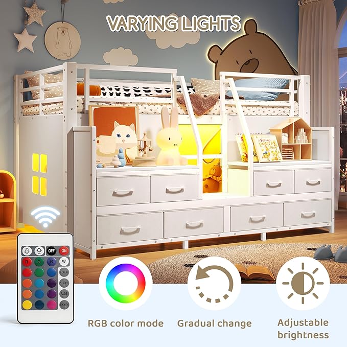 Bellemave Twin Size Loft Bed with 8 Non-Woven Fabric Storage Drawers and Bookshelf, Low Loft Bed with Lights and Private Play Curtain, Twin Loft Beds with High Rails, Noise Reduced White