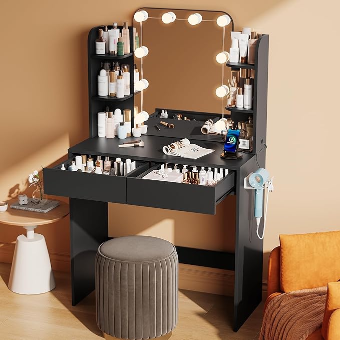 wanan Vanity Desk with Mirror and Lights 3 Colors, Girls Vanity Set with Power Outlet, Compact Vanity Table for Small Space, Black Vanity Desk only