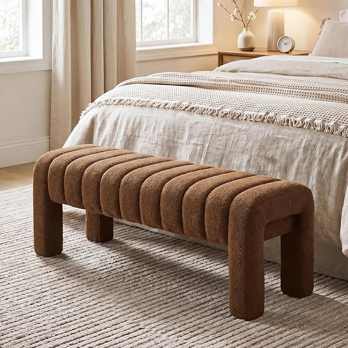 43’’ Bedroom Bench, Upholstered End of Bed Bench with Solid Wood Legs, Modern Small Dining Bench with Full Covered Fabrics for Entryway, Bedroom, Living Room (Rust Brown, Boucle)