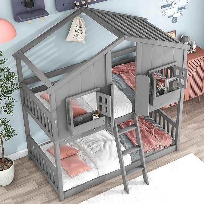 Twin Over Twin Low Bunk Bed for Kids,Wooden Floor House Bunker Bed Frame with with Window,Roof,Door,Guardrails,Ladderand and Storage Box for Girls,Boys - Gray