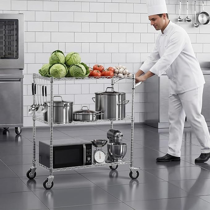 VEVOR Kitchen Utility Cart, 3 Tier Heavy Duty Adjustable Wire Storage Rack, Commercial Steel Rolling Service Trolley on Wheels, Work Table with Handle Bar, for Garage and Laundry Room, 35x17.8x40.9 in