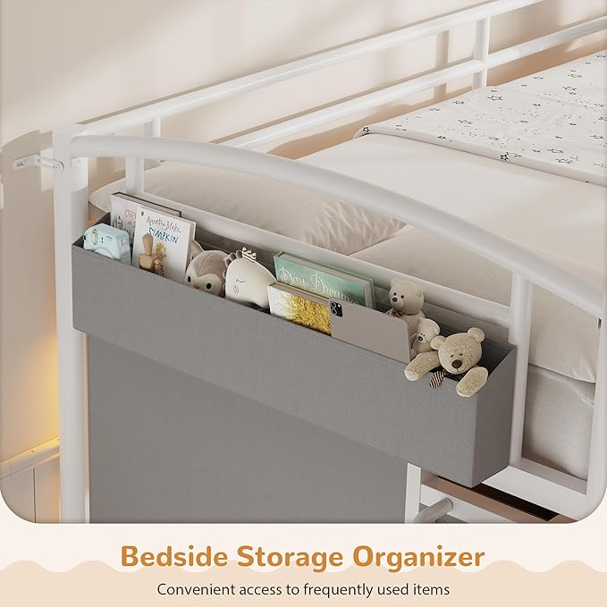 Low Loft Bed Twin Size with 4 Storage Drawers and LED Lights, Twin Loft Bed with Sling Bookcase & Toy Storage, Kids Twin Beds with Anti-Collision Pad & Play Curtain, Under-Bed Play Space, White+Grey