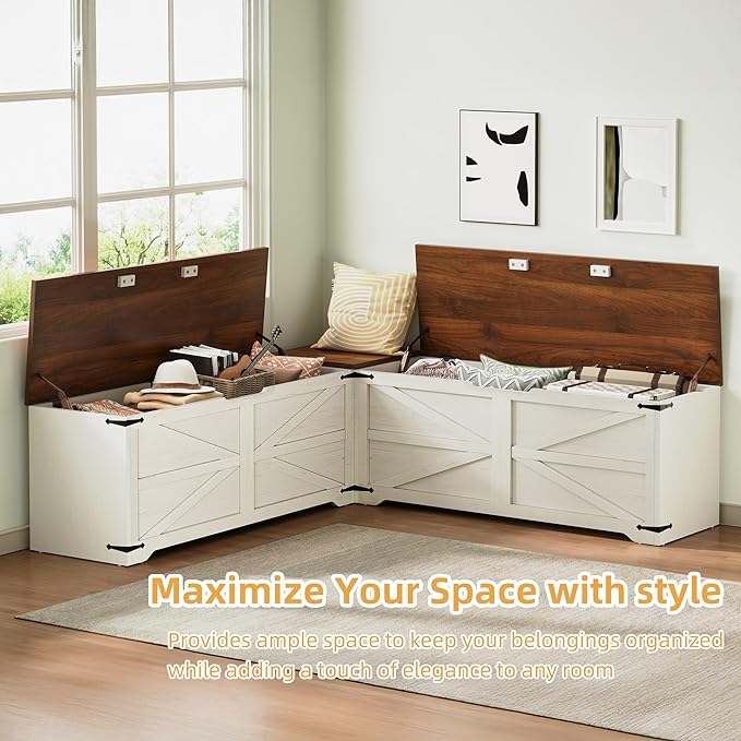 DWVO L-Shaped Storage Bench, 18" High Corner Dining Bench with Safety Hinges, Wooden Nook Chest for Living Room, Bedroom