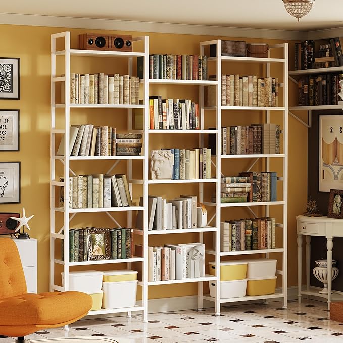 SUPERJARE Triple Bookshelf, Bookcase with 17 Open Display Shelves, Wide Book Shelf Book Case for Home & Office, 6 Tier, White