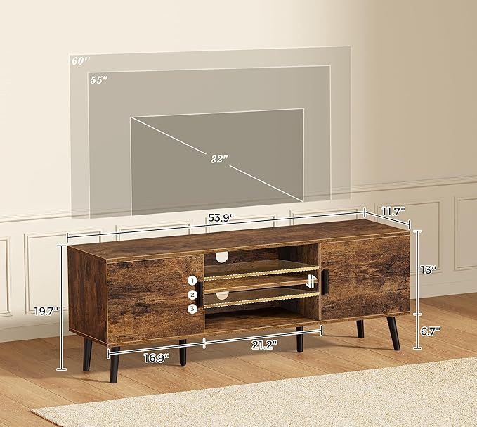 SUPERJARE TV Stand for 55 Inch TV, Entertainment Center with Adjustable Shelf, 2 Cabinets, TV Console Table, Media Console, Solid Wood Feet, Cord Holes, for Living Room, Bedroom, Rustic Brown