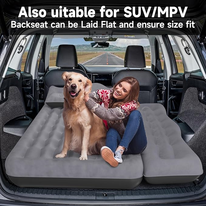 Back Seat Car Air Mattress: Inflatable SUV Car Camping Bed for Truck Van, Thickened Double-Sided Flocking Travel Car Sleeping Pad with Air Pump 2 Pillows