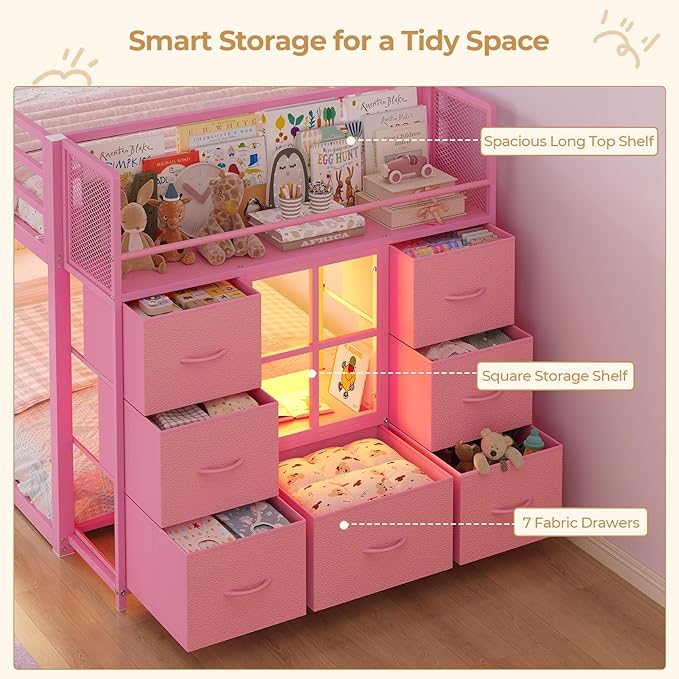 BTHFST Low Bunk Bed Twin Over Twin with 7 Large Fabric Drawers & Bookshelf, Metal Bunk Bed with RGB LED Lights & Slanted Ladder & Safety Guardrail, Space-Saving Kids Low Loft Bed Twin, Pink
