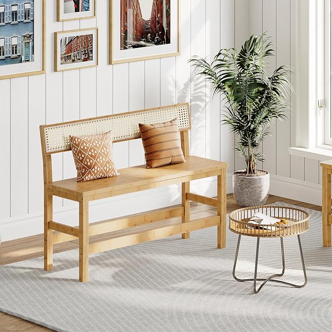 HOOBRO Dining Bench, Bamboo Farmhouse Entryway Bench with Back for Kitchen, Living Room, Bedroom, Easy to Assemble, Sturdy and Stable, Natural YL05CD01
