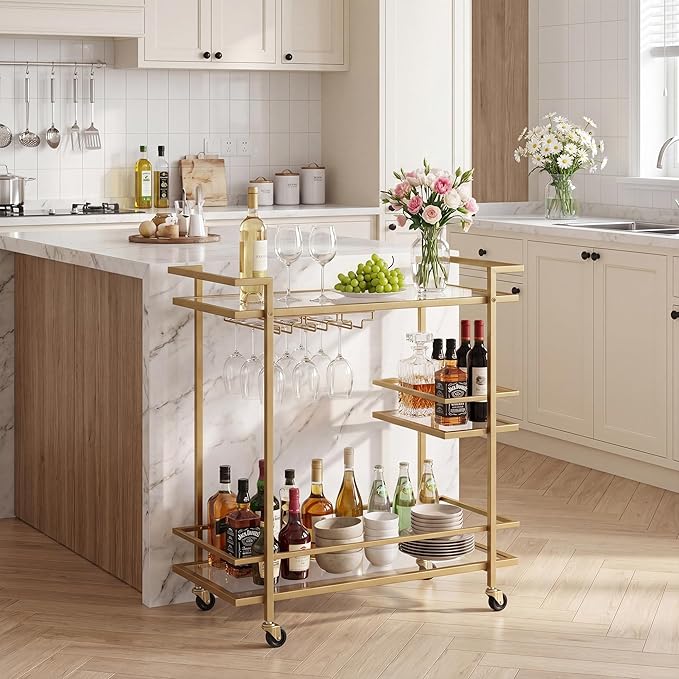 Gold Home Bar Cart, 2-Tier Glass Shelves Rolling Wine Cart with Wheels and Wine Holders, Modern Mobile Serving Trolley for Living Room Dining Room