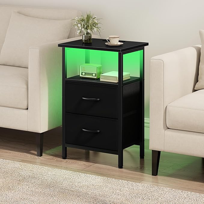 Vagusicc Nightstands Set of 2, Bedside Tables with Charging Station & LED Lights, Black Night Stands with 2 Fabric Drawers, End Table with Storage Shelf, 24.2" Tall Bed Side Table Set of 2 for bedroom