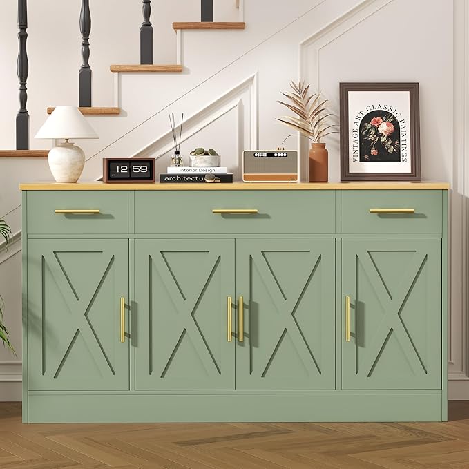 Vongrasig Buffet Cabinet with Storage, Farmhouse Coffee Bar Table with Drawers, 53” Large Modern Sideboard Buffet with Adjustable Shelves, Wood Buffet Table for Kitchen, Dining Room, Green