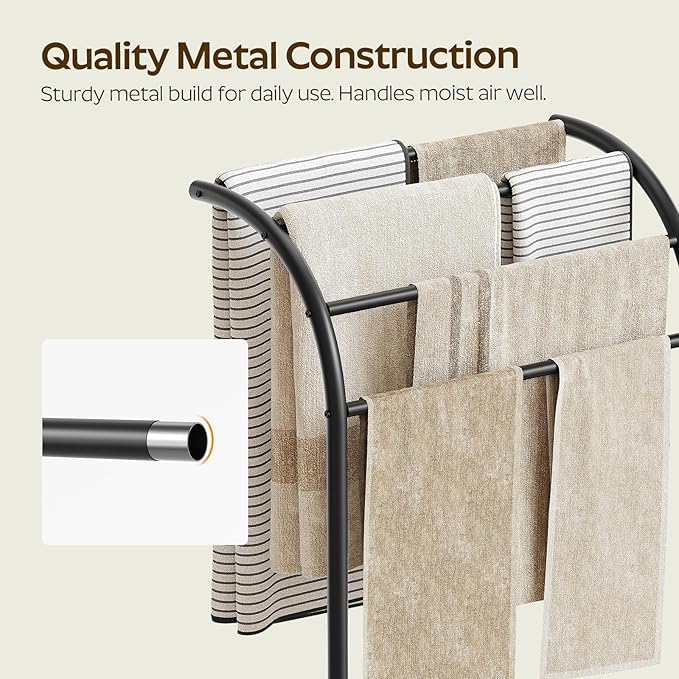 YATINEY Free Standing Towel Rack, 4-Tier Blanket Rack for Bathroom, Pool Towel Stand Display and Drying Rack, Modern Towel Blanket Storage Organizer, Black CJ07BK