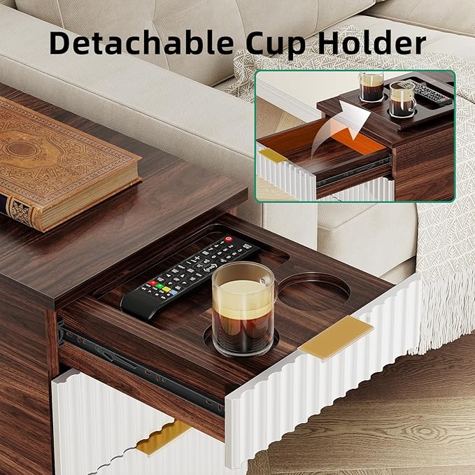 Kalrin Charging Nightstand with Hidden Outlets & 3 Drawers, Modern End Table, Bedside Table with USB Ports, Wave Groove Design, Compact Size, Heavy Duty Engineered Wood, Brown & White