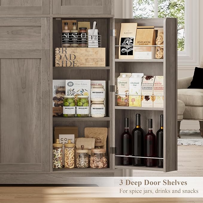 HOSTACK 68" Tall Kitchen Pantry Storage Cabinet, Modern Kitchen Hutch Cabinet with Doors and Shelves, Freestanding Food Pantry with Large Storage Drawer for Dining Room, Living Room, Ash Gray