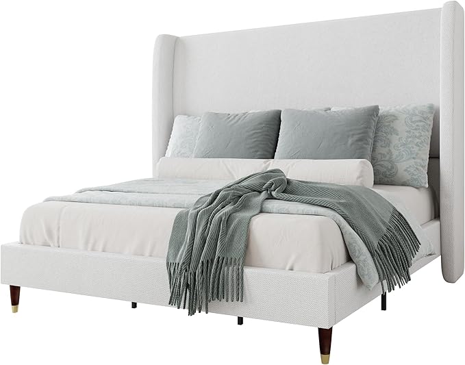 Jocisland Queen Size Bed Frame 51.2" Wingback Headboard Linen Upholstered Platform Bed,Solid Wood Legs & Wooden Slats,No Box Spring Needed,Noise-Free,for Family Guest Room Cozy Home,White