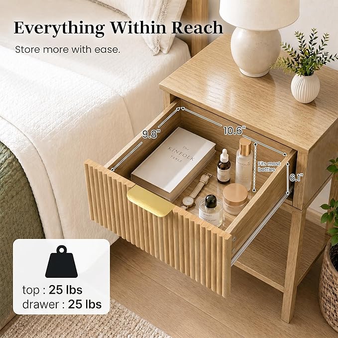 Modern Fluted Small Wood Nightstand, 11.8" Deep x 15.4" Narrow Bedside Table with Drawer & Open Shelf, Boho Scandinavian Accent End Table for Bedroom & Sofa - Oak