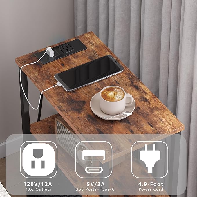 TUTOTAK Small Narrow End Table with Charging Station, Set of 2, Side Table with Outlets, Nightstand with Cloth Drawer, Couch Table, for Living Room, Bedroom, Bedside, Brown and Black TB01BB058K
