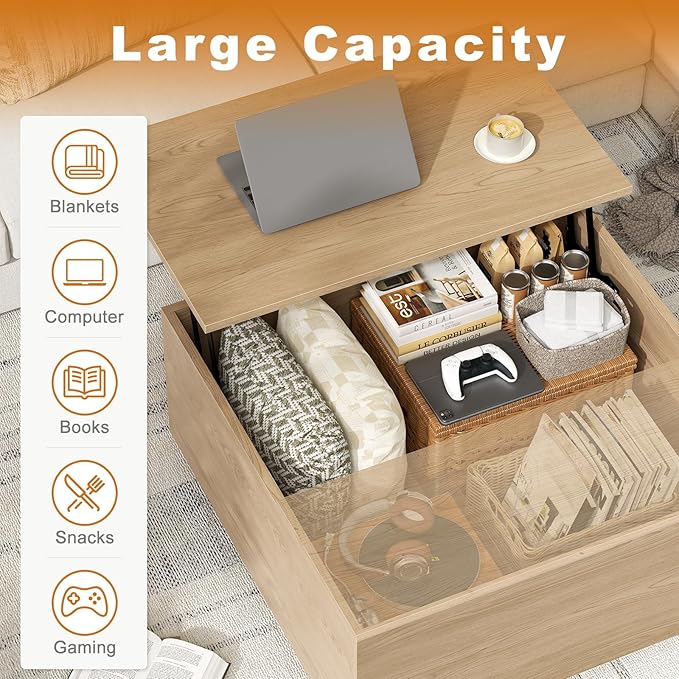 FABATO Lift Top Coffee Table, Wood Square Coffee Table with Storage, Farmhouse Coffee Tables with Hidden Storage Compartment, Center Table with Lifting Tabletop for Living Room, Home Office, Natural