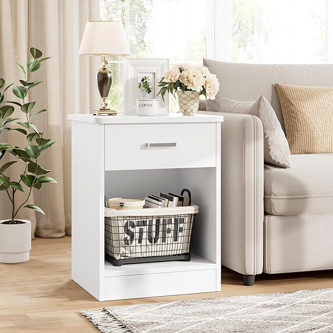 FOTOSOK Nightstand Set of 2, White Nightstand with Drawer and Storage Shelf, Bedside Table End Table, Modern Night Stand for Bedroom, Home Office,White