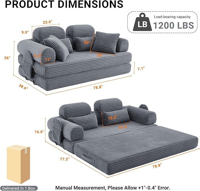 78.8" Convertible Sofa Bed with High Backrest Headrest, 5-in-1 Corduroy Boneless Couch with Side Pocket, Sleeper Loveseat Couch Bed Sectional Couches for Living Room, No Assembly, Gray
