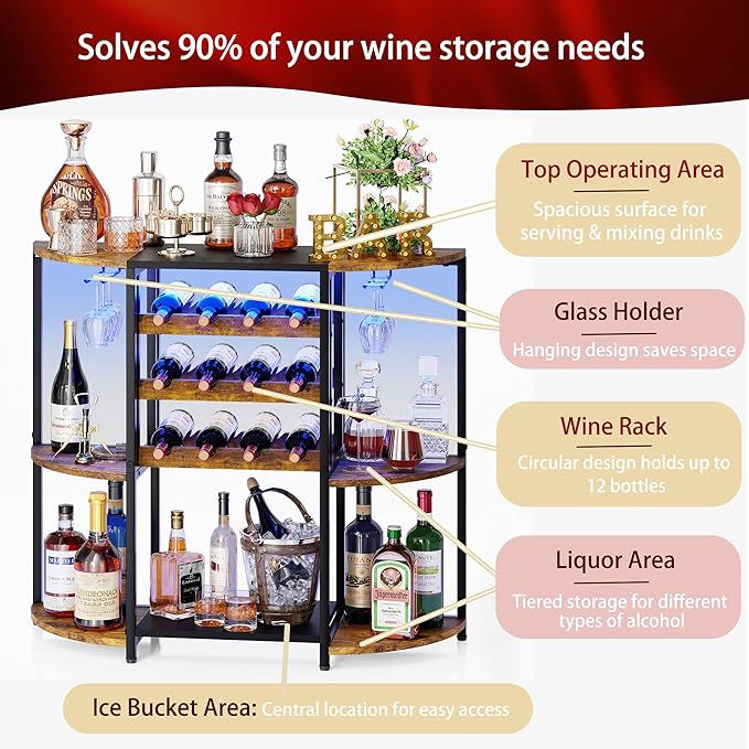 JKsmart Small Wine Bar Cart with LED Lights, Mini Wine Rack with Storage and Glass Holder, Home Bar Cart for Liquor, 3-Tier Bar Table for Kitchen, Dining Room, Living Room, Rustic Brown