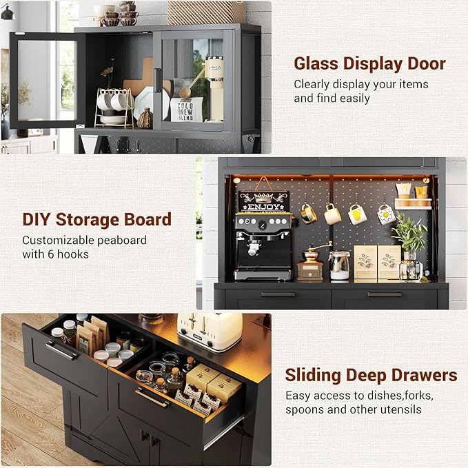 Unikito 71" Pantry Cabinet with LED Light & Outlet, Tall Kitchen Pantry Storage Cabinet with Microwave Stand, DIY Pegboard, Drawers and Adjustable shelf, Farmhouse Kitchen Hutch for Dining Room, Black