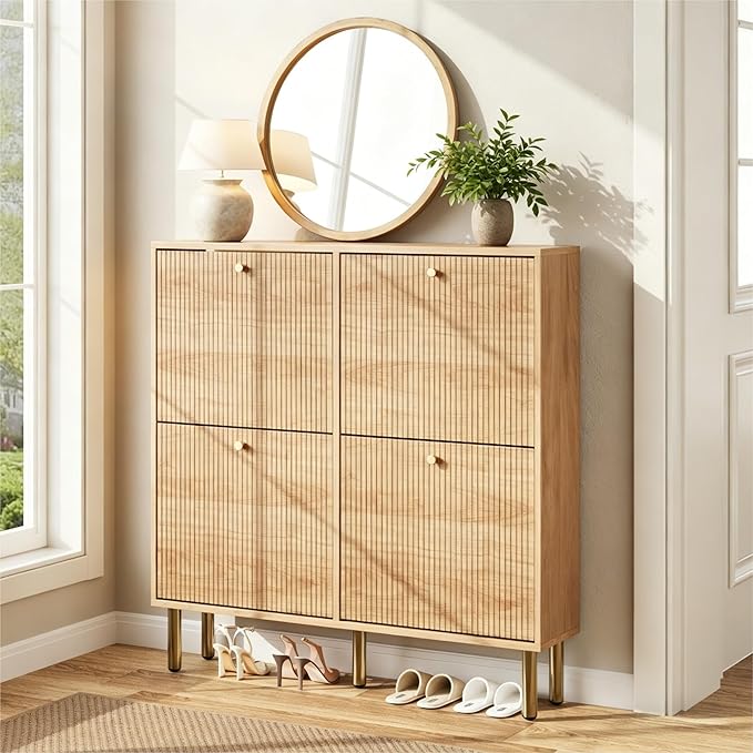 Nicetree Shoe Storage Cabinet for Entryway - Ultra Slim Shoe Cabinet with Tiered Fluted Design - Modern Shoe Organizer with Gold Legs, Hidden Shoe Rack for Small Spaces, Fits Men's Size 13.5