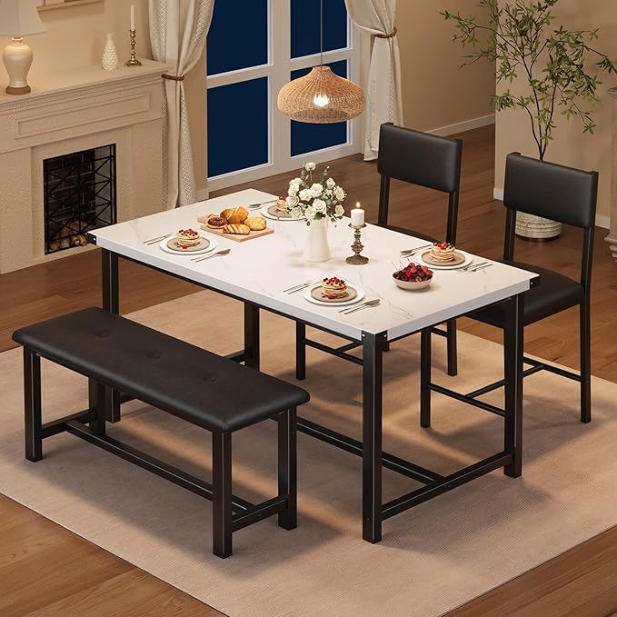 GarveeHome Dining Table Set for 4, Kitchen Table with 2 Upholstered Chairs and Bench, Wood Kitchen Dining Room Set, for Small Space, Apartment, Home, Kitchen, Marble White