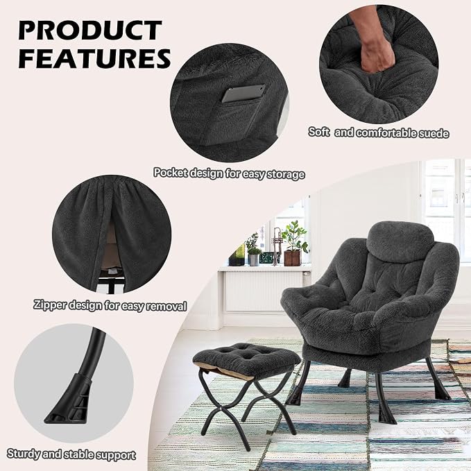 Lazy Chair with Folding Ottoman,Leisure Sofa Chair,Soft Fabric Armchair with Armrests and Side Pockets, Reading Chair with Footrest for Living Room, Bedroom, Office (Plush Dark Grey)
