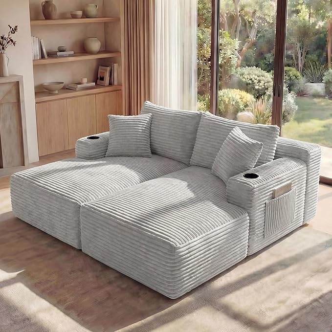 125 Inch Modular Sectional Sofa, Cloud Couch Oversized U Shaped Corduroy Sofa with Storage & Cupholders, Modern Deep Seat Boneless Couches for Living Room, No Assembly Required, Light Grey
