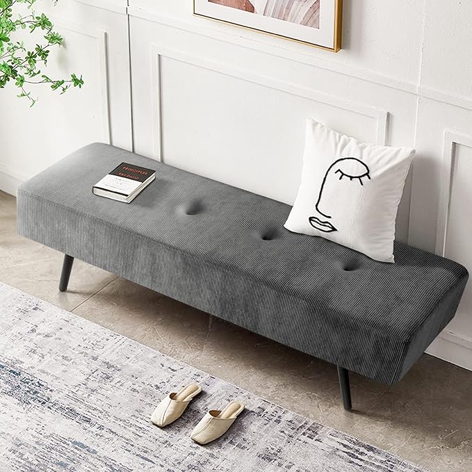Comfy to go Entryway Bench - Grey Bench for Bedroom, Modern Ottoman End of Bed, Corduroy Padded Benches for Living Room, Foyer, Mudroom, Hallway - 39" L x 14" W x 17" H