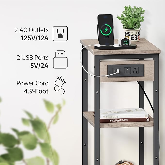 Asgolion Tall End Table with Charging Station, 3 Tier Narrow Beside Table with Adjustable Shelf, Tall Side Table Nightstand for Bedroom, Living Room Coffe Table, Office, Greige