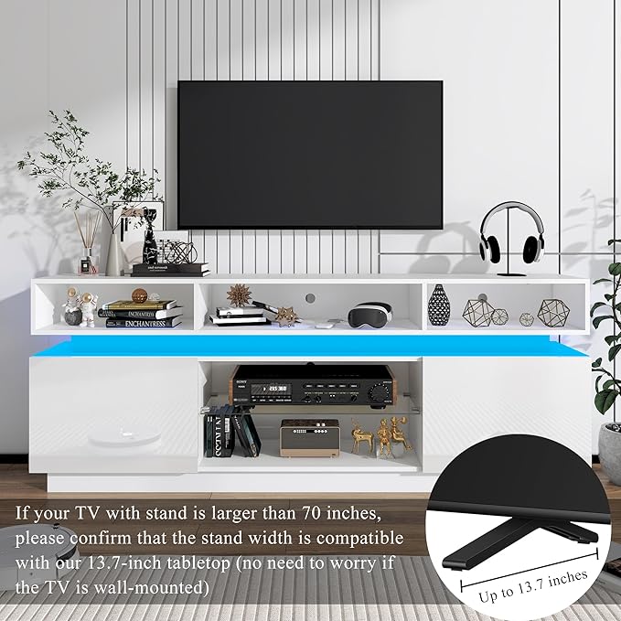 chartustriable LED TV Stand for 80 Inch TV, Modern Tall Entertainment Center with Power Outlets, High Gloss TV Stand, Gaming TV Media Console with Glass Shelf for Living Room, 71 Inch, White