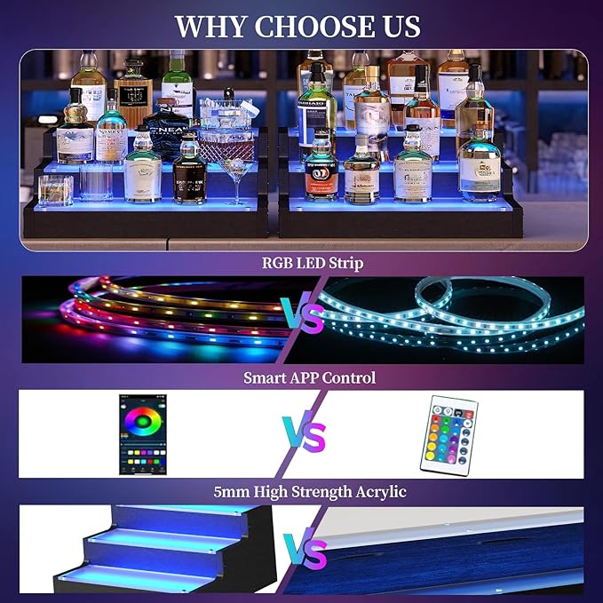 LED Lighted Wine Bottle Display Shelf, 3-Tier Acrylic Liquor Bottle Stand with APP Controlled Multicolor Lighting, Countertop Bar Organizer for Home Mini Bar Party Decor (3 Step 1 Pack)