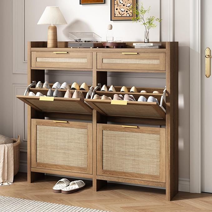 HOKYHOKY Large Rattan Shoe Storage Cabinet with 4 Flip Drawers & 2 Storages–Hidden Slim Shoe Organizer for Entryway, Large Tabletop Space, Farmhouse Boho Narrow Shoe Rack, Rustic Oak