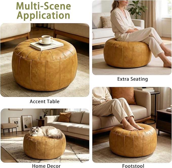 Thgonwid Unstuffed Moroccan Storage Pouf Foot Stool Ottoman Seat Handmade Faux Leather Bean Bag Floor Chair Foot Rest for Living Room, Bedroom or Balcony (Yellow)