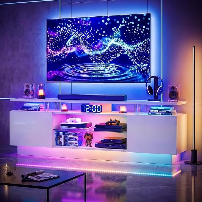70” High-Glossy TV Stand with 2 Side Cabinets, Modern Stylish TV Console with 3 Layer LED Lights,Gaming TV Media Console with Adjustable Glass Shelf, Remote&APP Control, White