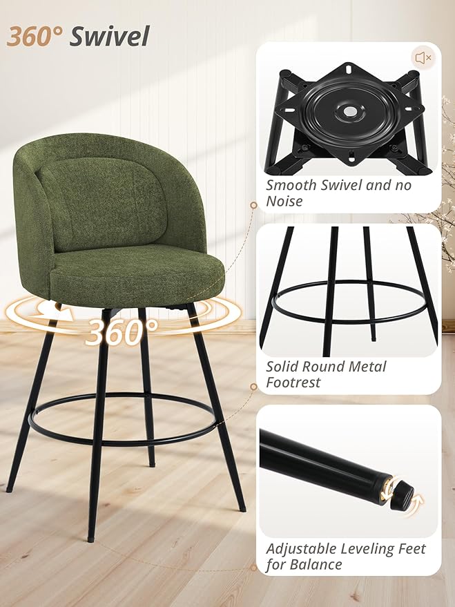 LUE BONA 26''H Swivel Bar Stools Set of 3, Counter Height Bar Stools with Backs, Lumbar Pillow and Black Metal Frames, Upholstered Modern Barstools for Kitchen Island, Chenille Farbic, Green