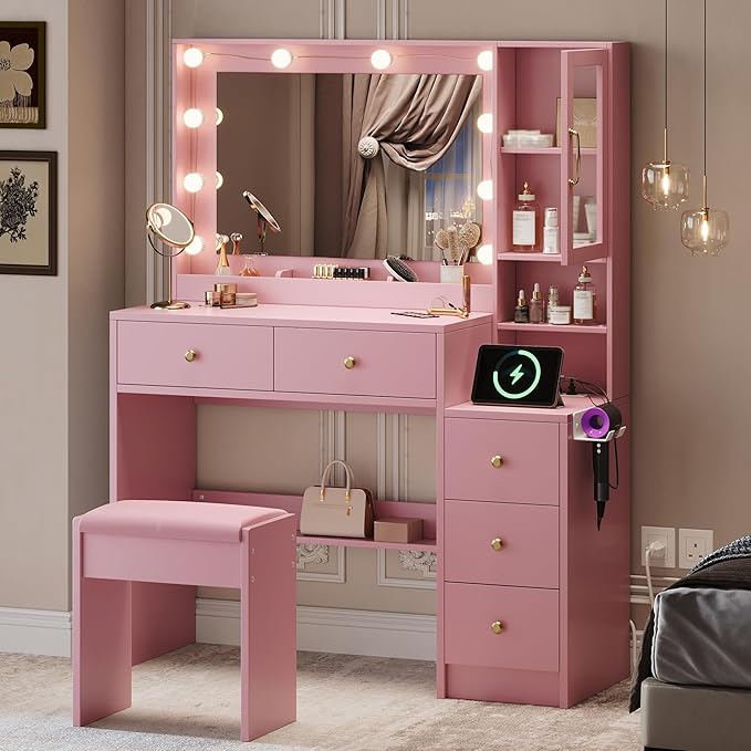TOKSOM Makeup Vanity with Lights & Charging Station, Pink Vanity Table with 5 Drawers & Open Storage Shelves, Bedroom Makeup Dressing Table Set for Women Girls Round Handles