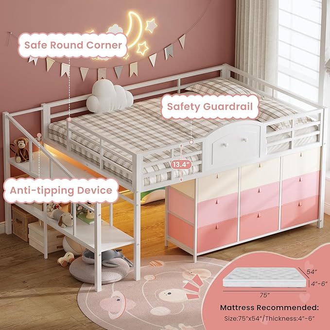 VIAGDO Low Loft Bed Full Size with 9 Storage Drawers and LED Lights, Metal Full Size Loft Bed with Stairway Shelf Storage, Low Loft Bed with Safety Guardrail and Under-Bed Hideaway for Kids, White