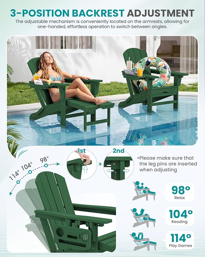 SERWALL Folding Adjustable Adirondack Chairs with Footrest Set of 4, HDPE Outdoor Chair with 4-in-1 Cup Holders, All Weather Adirondack Chair with Ottoman, Green