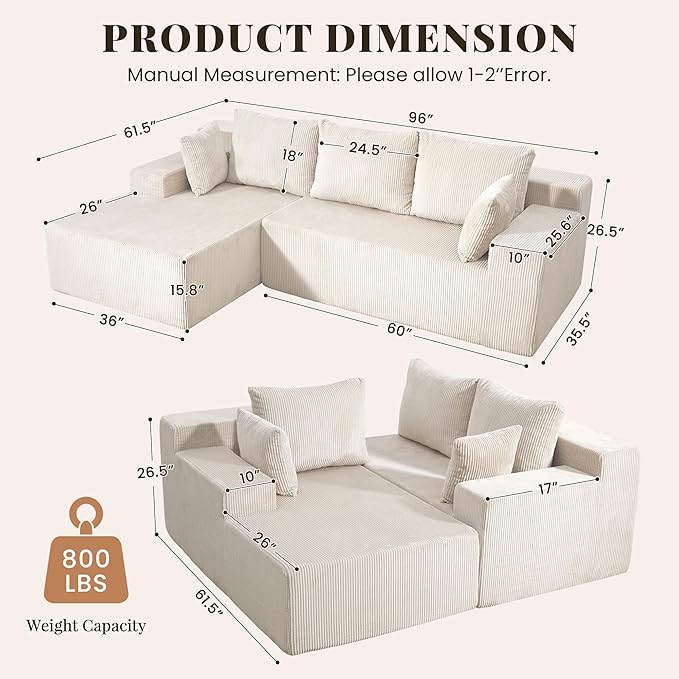 GRUSIGN Cloud Sectional Boneless Couches for Living Room, Modular L Shaped Couch with Deep Seat Oversized Left Facing Chaise, Memory Foam Compressed Spineless 3 Seater Sofa for Apartment, Beige