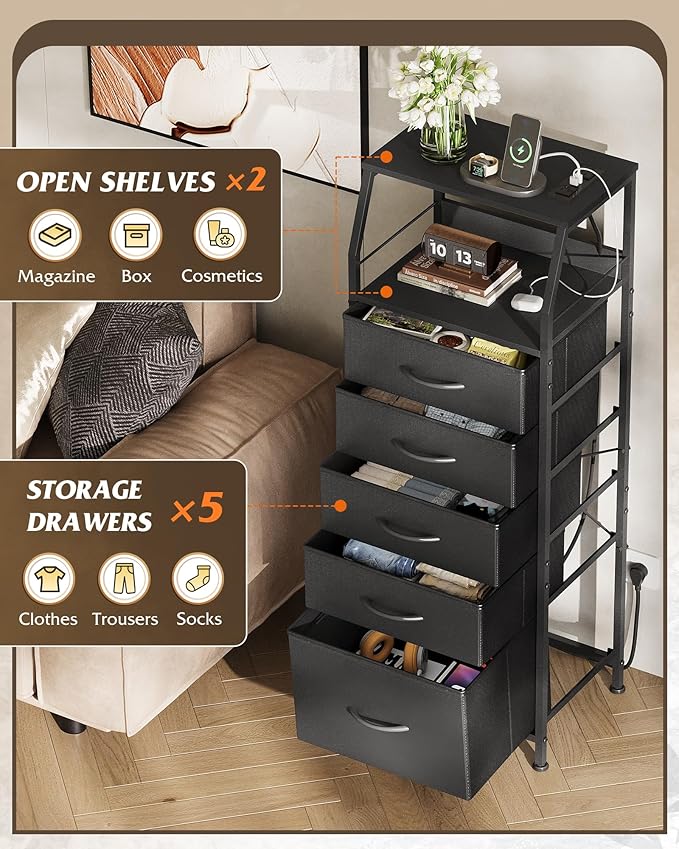 WLIVE LED Nightstand with Charging Station, Fabric Dresser with 5 Drawers for Bedroom, Tall Night Stand with Open Shelves, Bed Side Tables Living Room, Black
