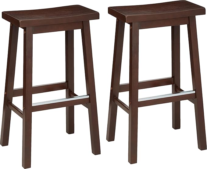 Amazon Basics Solid Wood Saddle-Seat Counter Height Bar Stools for Kitchen Island and Home Bar with Footrest, 29-Inch Height, Walnut, Set of 2