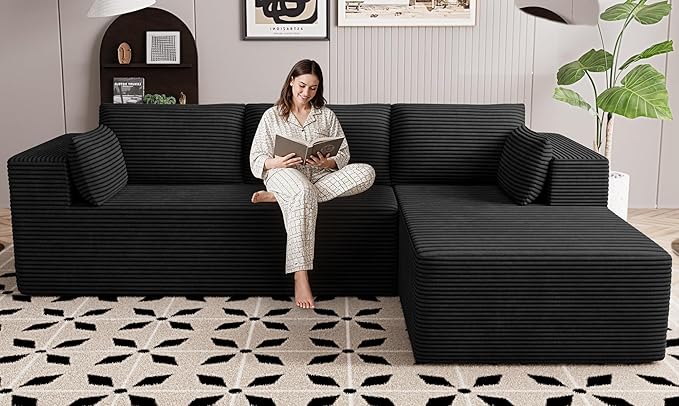 106" Cloud Sectional Boneless Couches for Living Room, Modular L Shaped Couch with Deep Seat Oversized Right Facing Chaise, Memory Foam Compressed Spineless 3 Seater Sofa for Apartment, Black