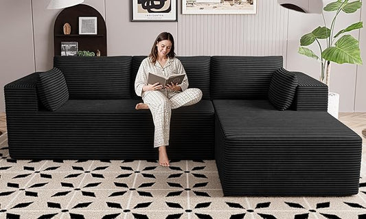 106" Cloud Sectional Boneless Couches for Living Room, Modular L Shaped Couch with Deep Seat Oversized Right Facing Chaise, Memory Foam Compressed Spineless 3 Seater Sofa for Apartment, Black