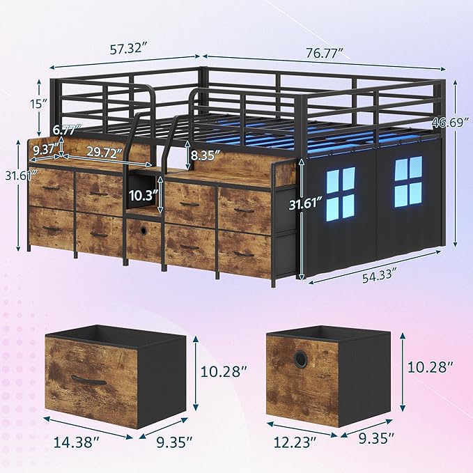 Dnxao Low Loft Bed Full Size with 9 Drawers and 2 Bookcases, Bed Frame for Kids with Charging Station & LED Lights, 15" H Safety Guardrail Metal, Under-Bed Play Space, Vintage Brown