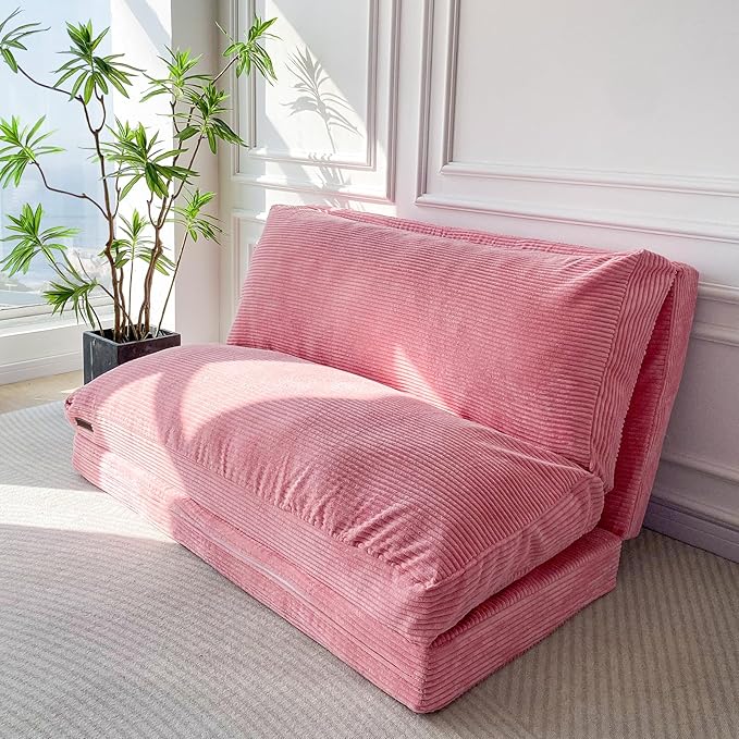 MAXYOYO Folding Sofa Bed, Extra Thick and Long Floor Sofa Convertible Sleeper Chair with Washable Cover, Floor Couch Lounge Bean Bag Bed for Living Room, Pink, 30x95 Inch