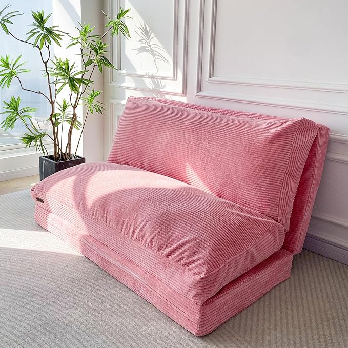 MAXYOYO Folding Sofa Bed, Extra Thick and Long Floor Sofa Convertible Sleeper Chair with Washable Cover, Floor Couch Lounge Bean Bag Bed for Living Room, Pink, 39x95 Inch